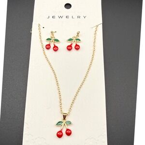 Gold Tone Cherry Pendant‎ Necklace and Matching Stud Earrings Jewelry Set